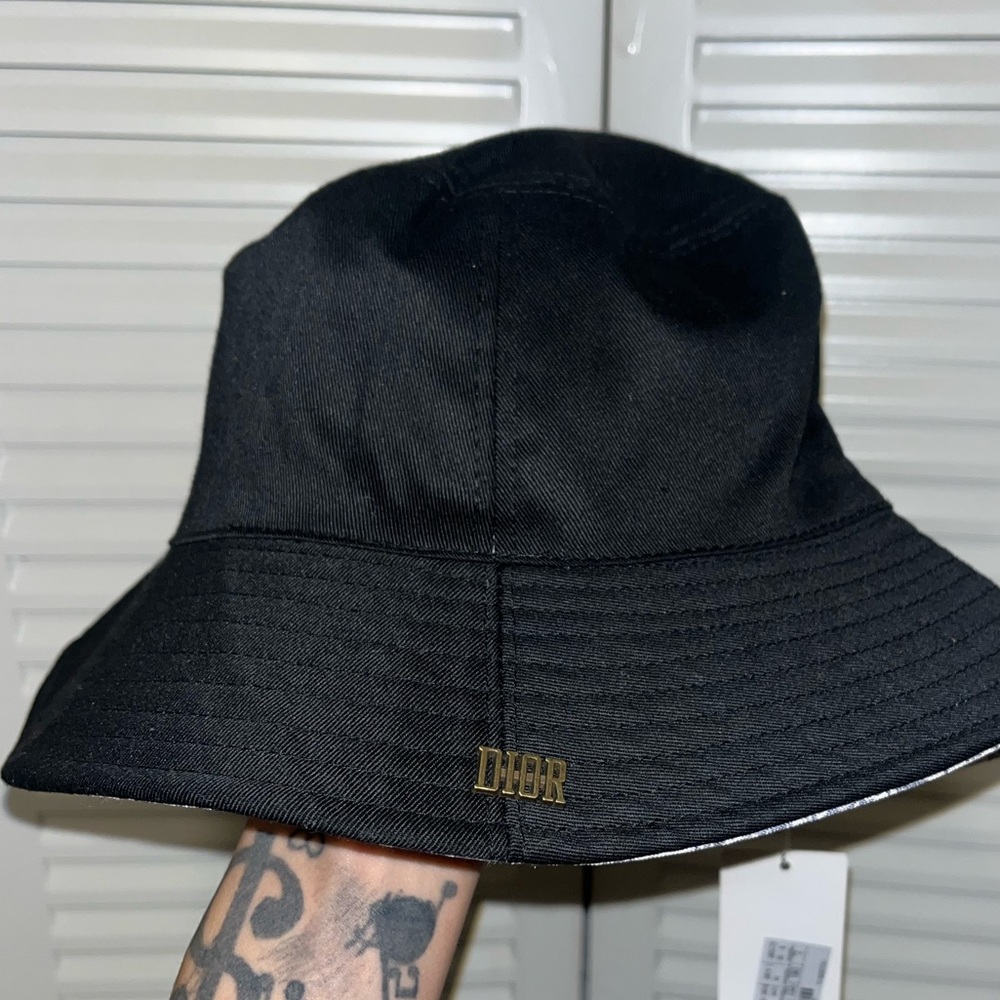 Dior Black Bucket Hat with Gold 'DIOR' Logo Plaque